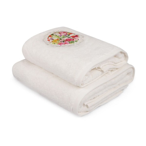 Komplet białego ręcznika i białego ręcznika kąpielowego z kolorowym detalem Jardin