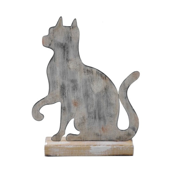 Mała szara dekoracja metalowa na drewnianej podstawce z motywem kotka Ego Dekor, 15x19,5 cm