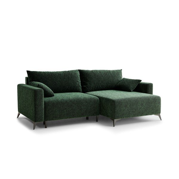 Ciemnozielony rozkładany/ze schowkiem narożnik z tkaniny szenilowej (prawostronny/z szezlongiem) Leon – Maison de Rêve