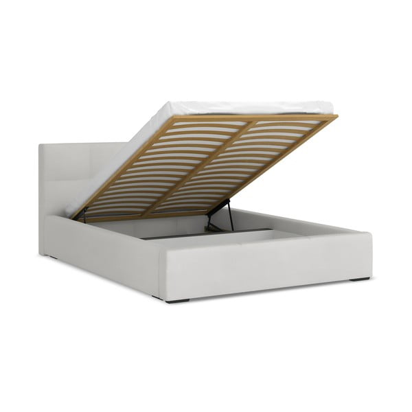 Jasnoszare aksamitne tapicerowane łóżko dwuosobowe ze schowkiem ze stelażem 140x200 cm Hiko – Makamii-image-1