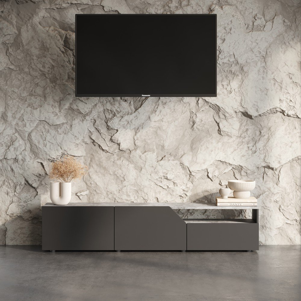 Czarna szafka pod TV w dekorze betonu 180x38 cm Verone – TemaHome (zdjęcie 6)