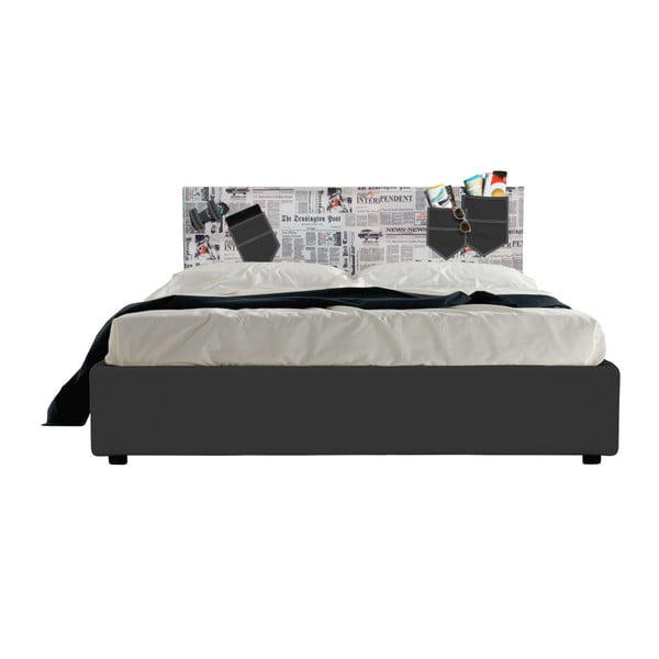 Czarne łóżko dwuosobowe ze schowkiem i materacem 13Casa Task News, 160x200 cm