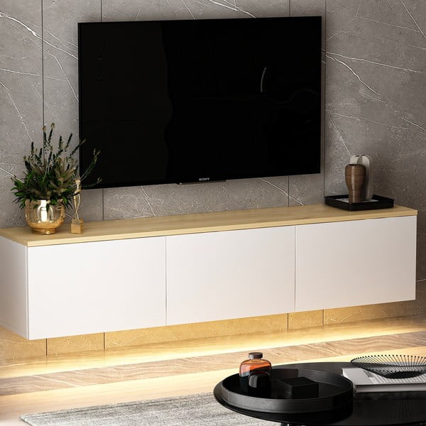 Biało-naturalna szafka pod TV w dekorze dębu 160x35x32 cm Neon – Kalune Design-image-2