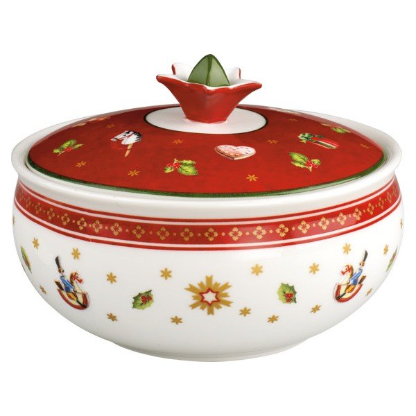 Czerwono-biała porcelanowa cukiernica z motywem świątecznym Villeroy & Boch