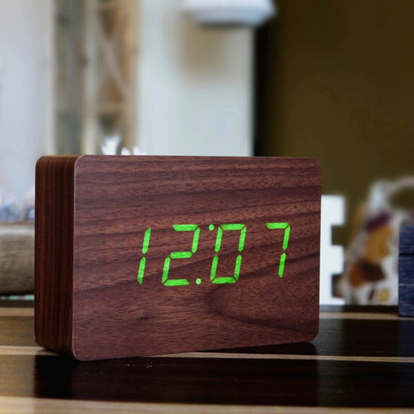 Ciemnobrązowy budzik z zielonym wyświetlaczem LED Gingko Brick Click Clock-image-1