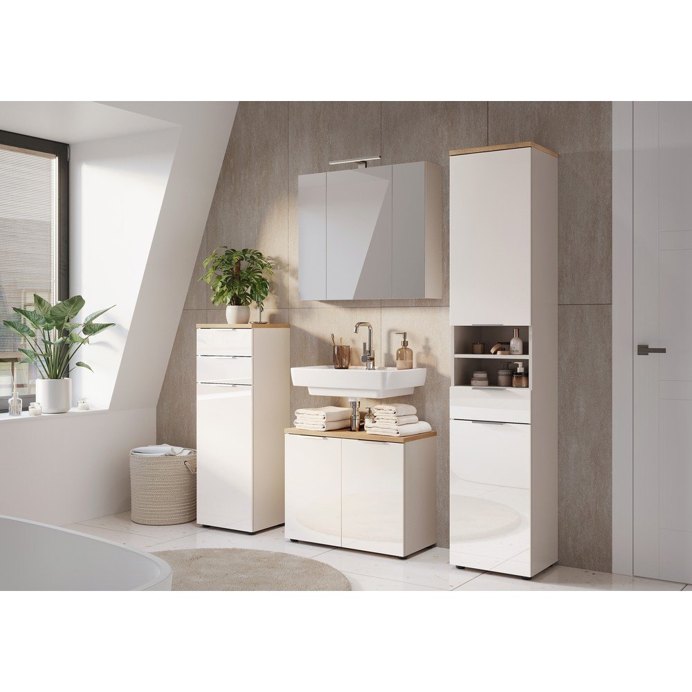 Kremowa wysoka/wąska szafka łazienkowa z połyskiem 39x112 cm Tavira – Germania (zdjęcie 4)