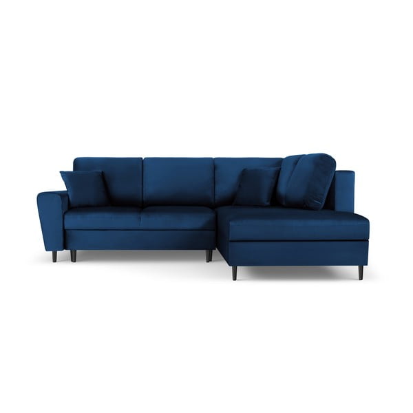 Niebieski aksamitny rozkładany narożnik ze schowkiem (prawostronny/w kształcie litery L) Kyoto – Cosmopolitan Design