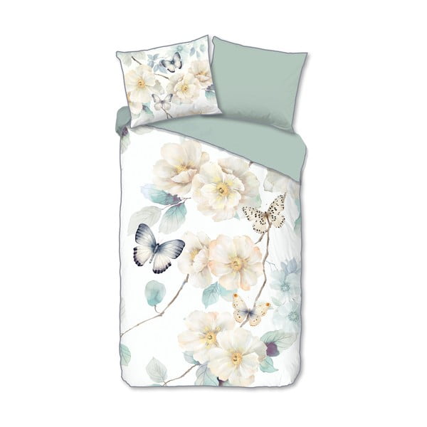 Biało-zielona pościel jednoosobowa z satyny bawełnianej 140x220 cm Adiwanya – Descanso