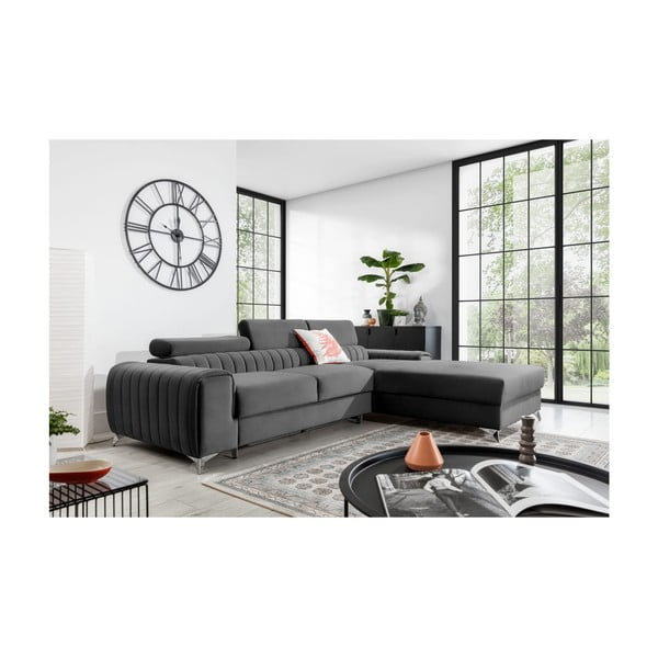 Ciemnoszary aksamitny rozkładany/ze schowkiem narożnik (prawostronny/z szezlongiem) Grayson – ELTAP-image-1