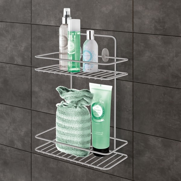 Wisząca stalowa półka łazienkowa w kolorze srebra z połyskiem bez wiercenia Luxy – Metaltex-image-1