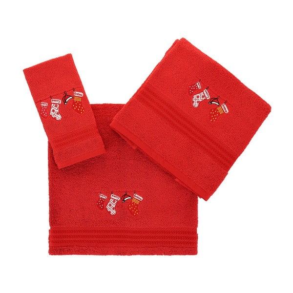 Komplet 2 czerwonych ręczników i ręcznika kąpielowego Corap