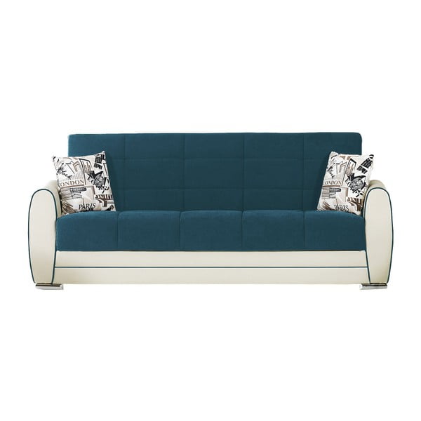 Niebieskozielono-kremowa trzyosobowa sofa rozkładana ze schowkiem Esidra Rest