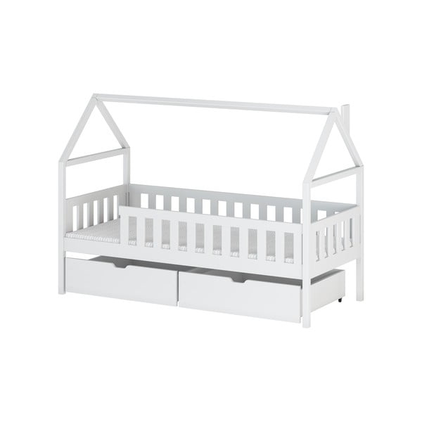 Białe łóżko dziecięce z drewna sosnowego w kształcie domku ze schowkiem 80x180 cm Domi – Lano Meble