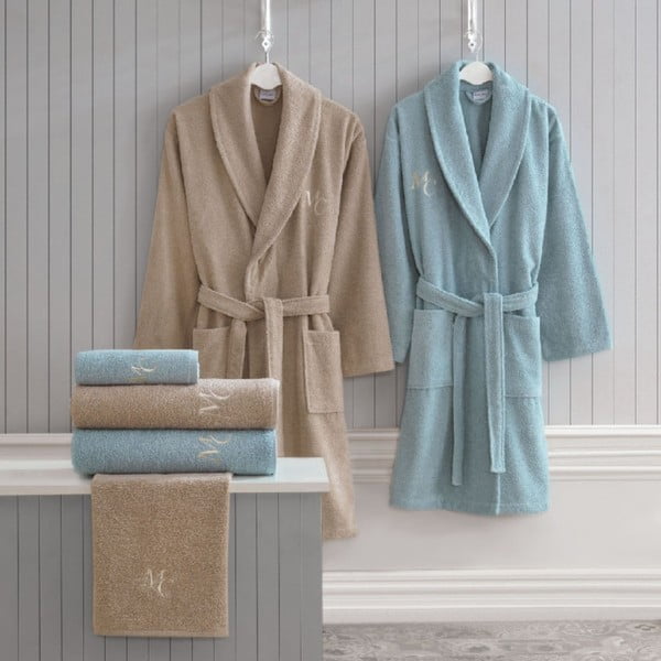 Komplet damskiego i męskiego szlafroka i ręczników w beżowym i niebieskim kolorze Family Bath