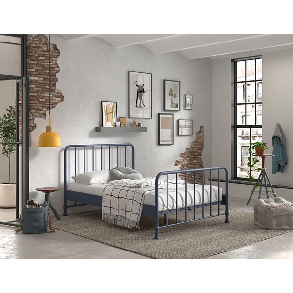 Niebieskie metalowe łóżko dwuosobowe ze stelażem 140x200 cm BRONXX – Vipack-image-1