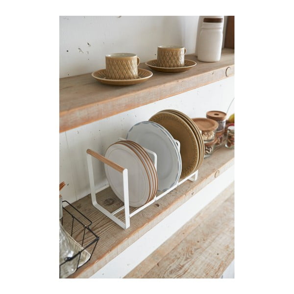 Biały stojak na talerze z detalem z drewna bukowego YAMAZAKI Tosca-image-1