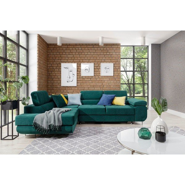 Zielony aksamitny rozkładany/ze schowkiem narożnik (lewostronny/w kształcie litery L) Anton – ELTAP-image-1