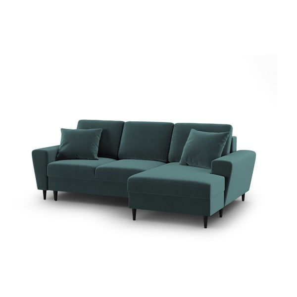 Morski aksamitny rozkładany narożnik ze schowkiem (prawostronny/z szezlongiem) Kyoto – Cosmopolitan Design-image-1