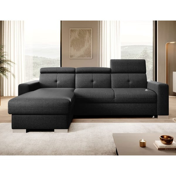 Czarny rozkładany/ze schowkiem narożnik (lewostronny/z szezlongiem) Fresia – ELTAP-image-1