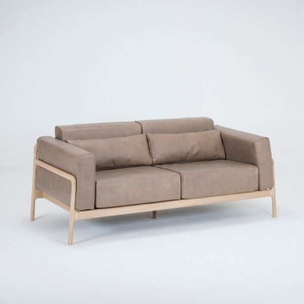 Jasnobrązowa sofa z bawolej skóry z konstrukcją z litego drewna dębowego Gazzda Fawn, 180 cm-image-1