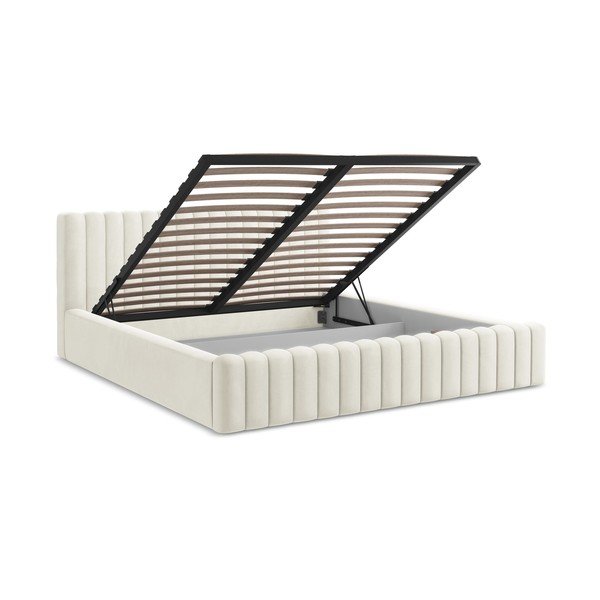 Kremowe tapicerowane łóżko dwuosobowe ze schowkiem ze stelażem 160x200 cm Lemi – Makamii-image-3