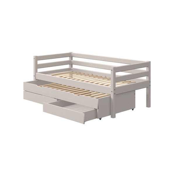 Szara dziecięce łóżko z drewna sosnowego z dodatkowym wysuwanym łóżkiem i szufladą Flexa Classic