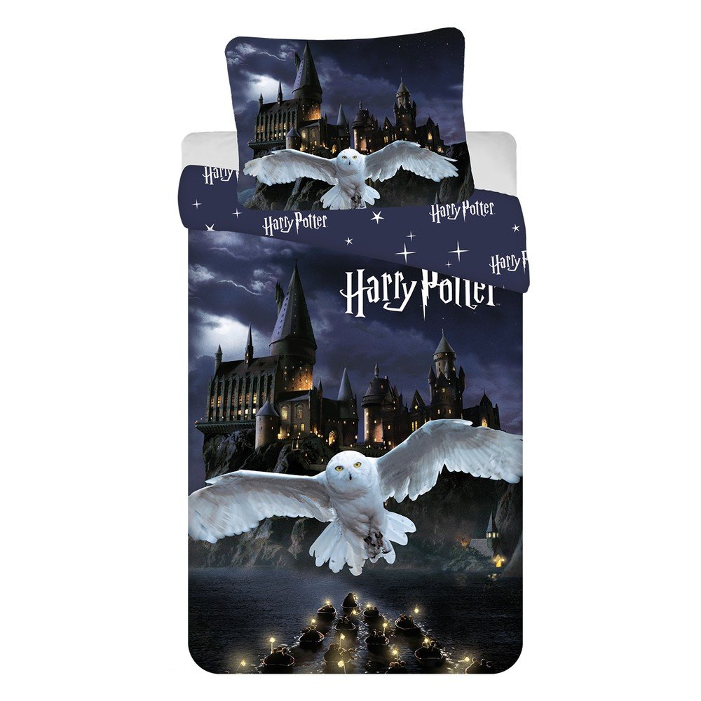Ciemnoniebieska/szara bawełniana pościel dziecięca jednoosobowa 200x140 cm Harry Potter "Hogwarts Night" – Jerry Fabrics