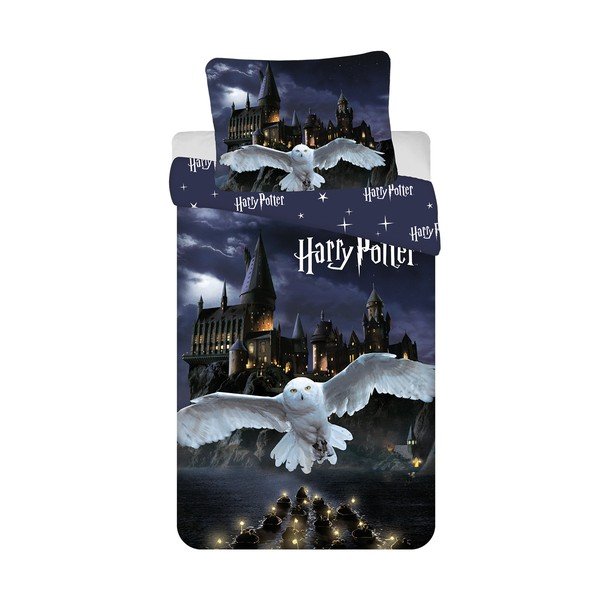 Ciemnoniebieska/szara bawełniana pościel dziecięca jednoosobowa 200x140 cm Harry Potter "Hogwarts Night" – Jerry Fabrics