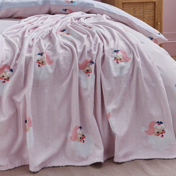 Jasnoróżowy koc ze świątecznym motywem z mikropluszu 130x170 cm Vintage Christmas Santa – Catherine Lansfield-image-4