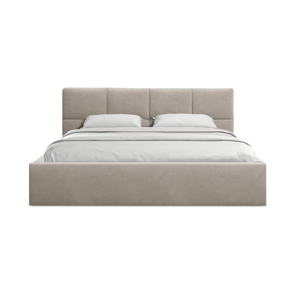 Szarobrązowe aksamitne tapicerowane łóżko dwuosobowe ze schowkiem ze stelażem 140x200 cm Hiko – Makamii-image-3