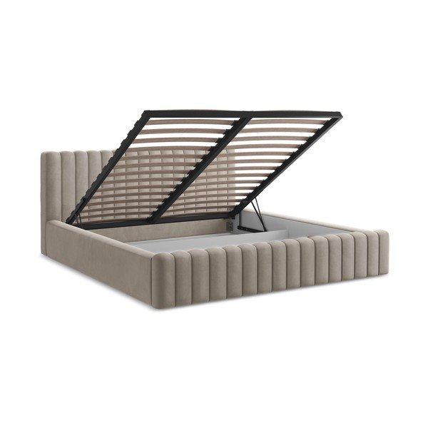 Szarobrązowe tapicerowane łóżko dwuosobowe ze schowkiem ze stelażem 140x200 cm Lemi – Makamii-image-3