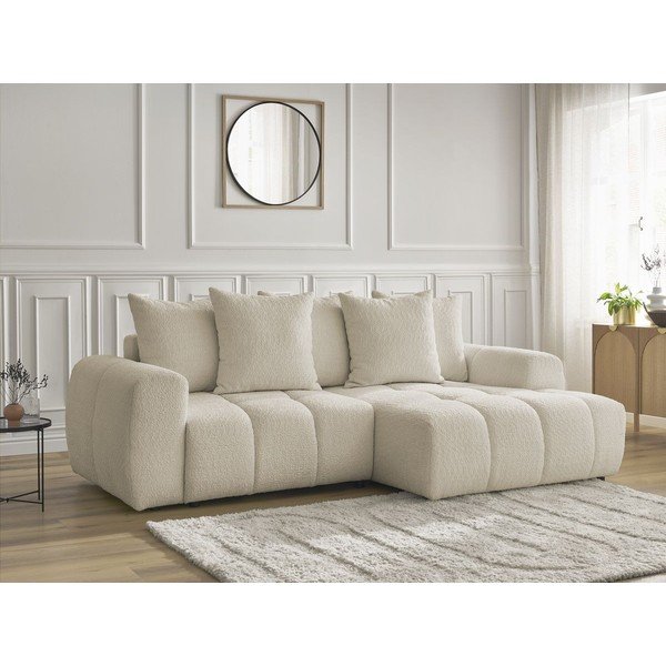 Beżowy rozkładany narożnik z materiału bouclé ze schowkiem (prawostronny/z szezlongiem) Roxelane – Bobochic Paris-image-3