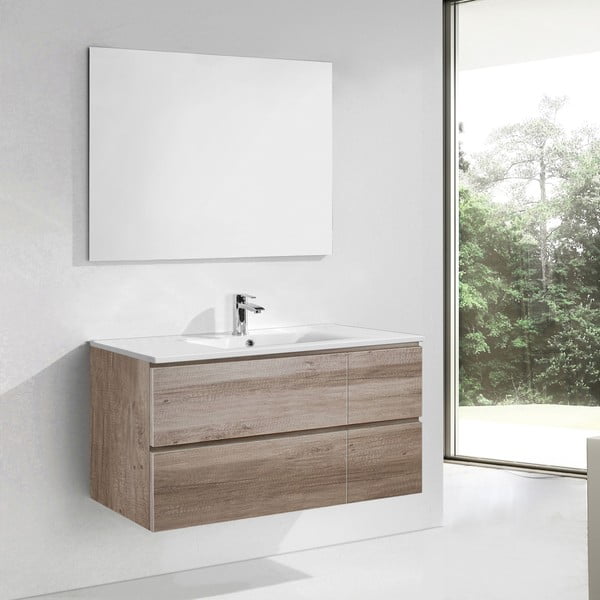 Szafka do łazienki z umywalką i lustrem Capri, motyw dębu, 120 cm