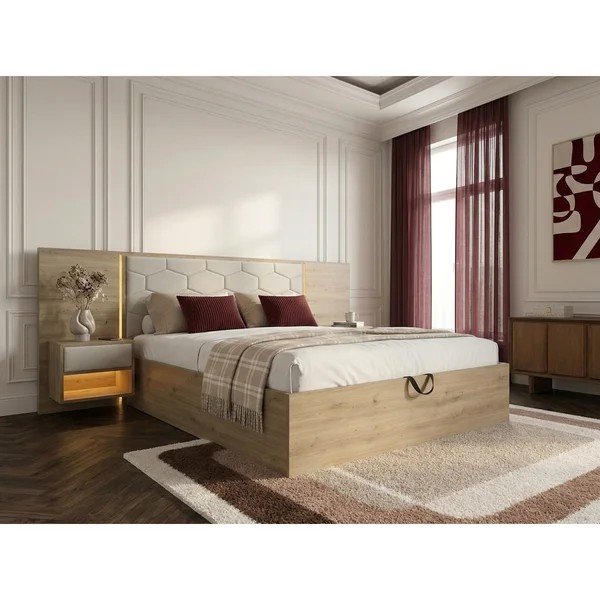 Beżowe tapicerowane/z płyty wiórowej łóżko dwuosobowe ze schowkiem ze stelażem 180x200 cm Palmeraie – Bobochic Paris-image-1