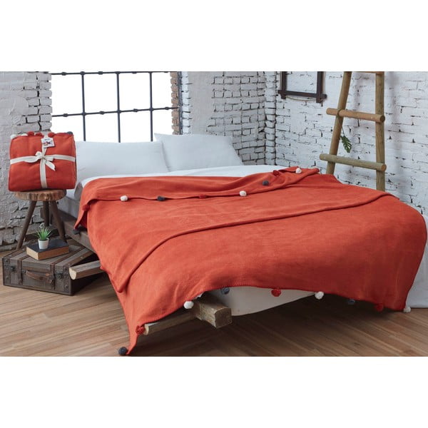 Ceglasta polarowa narzuta 150x200 cm Pom Pom – Mijolnir-image-1