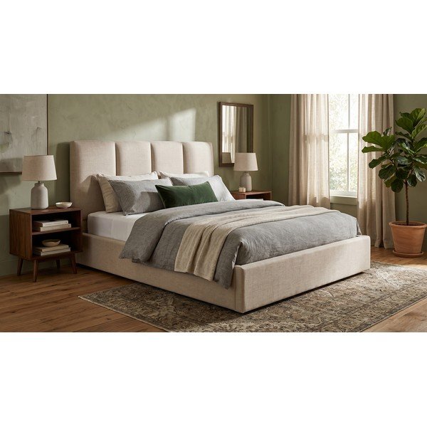 Beżowe tapicerowane łóżko dwuosobowe ze schowkiem ze stelażem 160x200 cm Juniper – Mazzini Beds-image-1