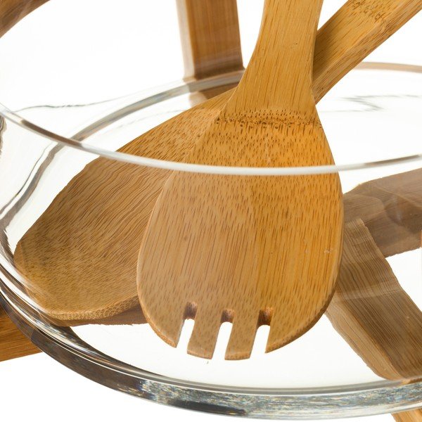 Komplet misy szklanej i 2 sztućców bambusowych do sałatek Unimasa-image-1