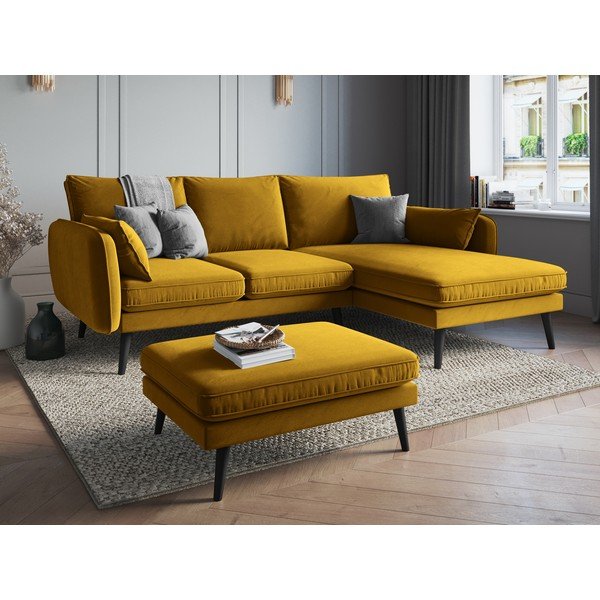 Żółty aksamitny narożnik z czarnymi nogami Kooko Home Lento, prawostronny-image-1