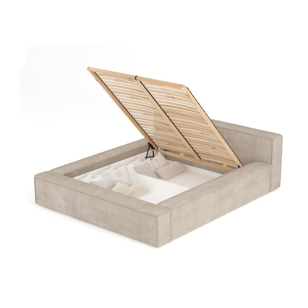 Beżowe tapicerowane łóżko dwuosobowe ze schowkiem i stelażem 180x200 cm Voliera – Maison de Rêve-image-3