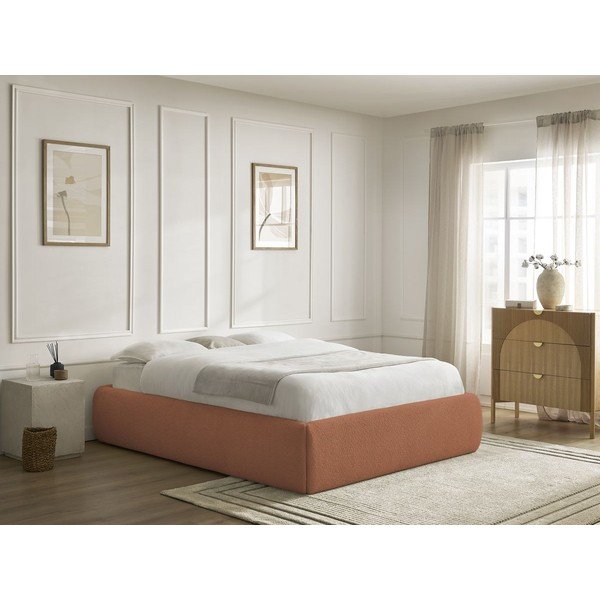 Pomarańczowe tapicerowane łóżko dwuosobowe bez zagłówka ze schowkiem i stelażem 180x200 cm Inera – Bobochic Paris-image-1