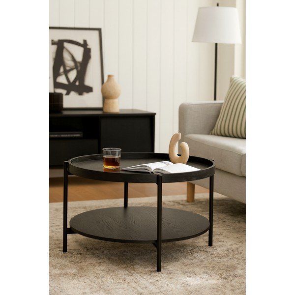 Czarny okrągły stolik w dekorze dębu ø 64 cm Hagen – Bonami Essentials-image-3