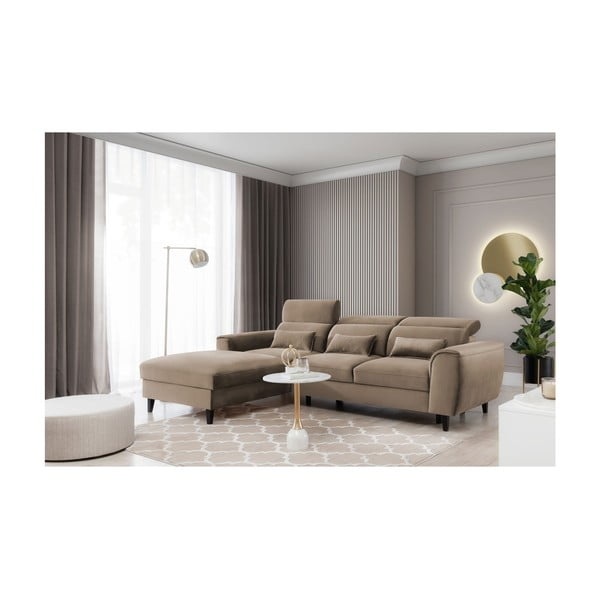 Jasnobrązowy aksamitny rozkładany/ze schowkiem narożnik (lewostronny/z szezlongiem) Foble – ELTAP-image-3