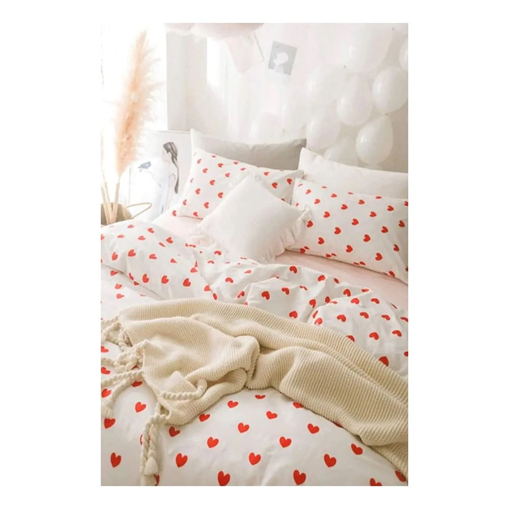 Kremowa pościel dwuosobowa z bawełny renforcé z prześcieradłem 4-częściowa 200x220 cm Mini Hearts – Mila Home (zdjęcie 4)