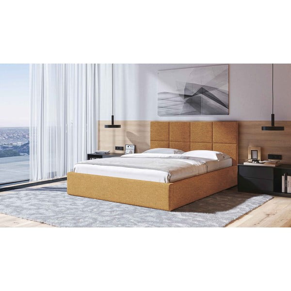 Tapicerowane łóżko dwuosobowe w kolorze ochry ze stelażem i schowkiem 180x200 cm Bufo – MESONICA-image-1