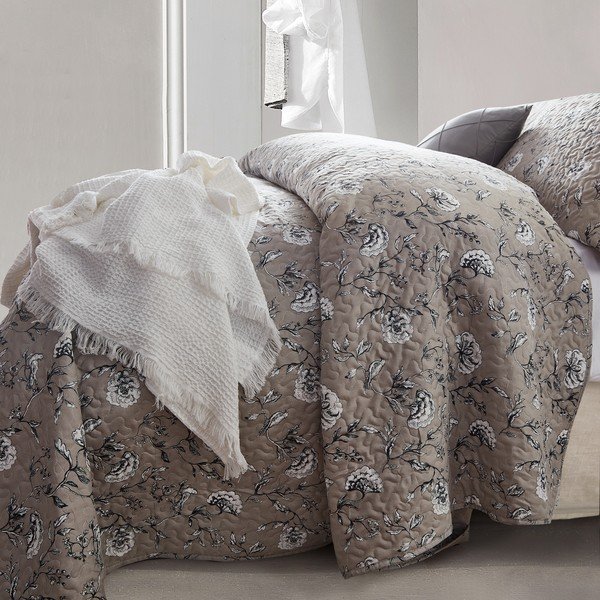 Brązowa narzuta z mikroperkalu z 2 poszewkami na poduszkę Sleeptime Classic Flower, 180x250 cm-image-2