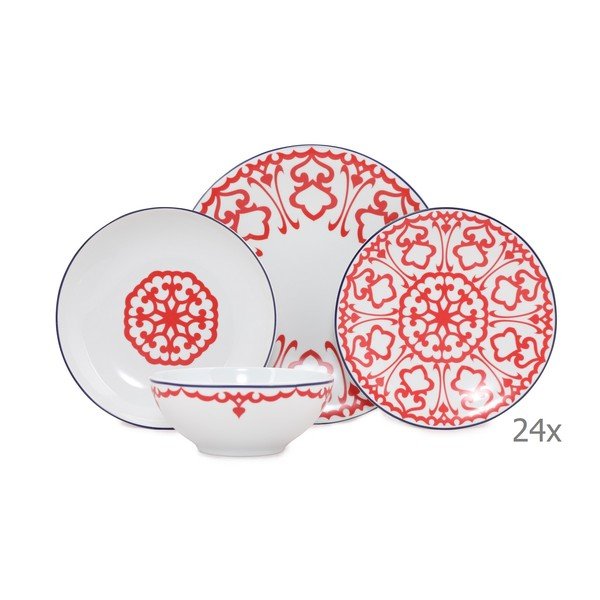 24-częściowy biały komplet naczyń porcelanowych z czerwonym detalem Kütahya Porselen Desen