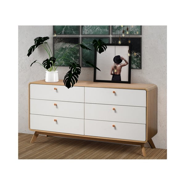 Biało-naturalna kolorze niska komoda w dekorze dębu 150x74 cm Caitlin – Støraa-image-3