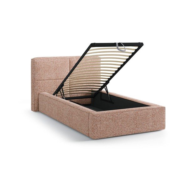 Różowe tapicerowane łóżko jednoosobowe ze schowkiem i stelażem 90x200 cm Darren – Micadoni -image-1