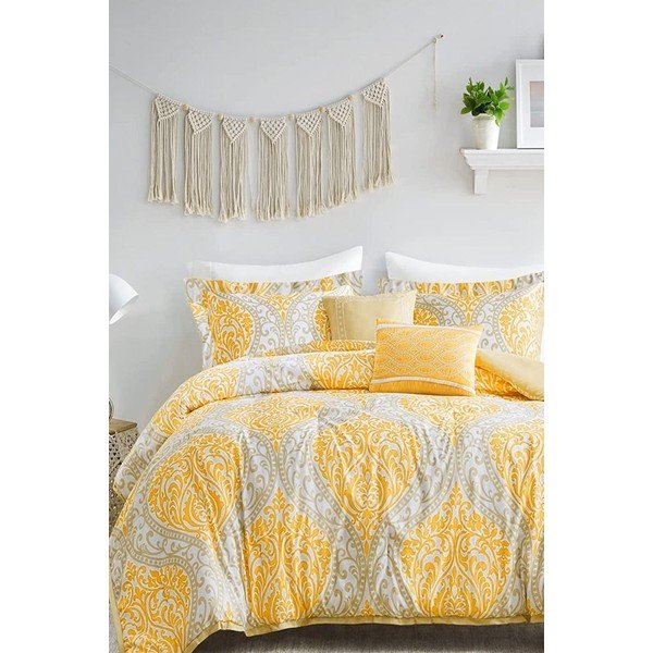 Żółto-szara 4-częściowa pościel dwuosobowa z bawełny renforcé z prześcieradłem 200x220 cm Ethnic – Mila Home