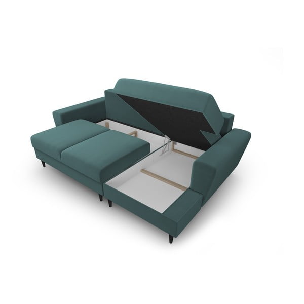 Morski aksamitny rozkładany narożnik ze schowkiem (prawostronny/z szezlongiem) Kyoto – Cosmopolitan Design-image-3